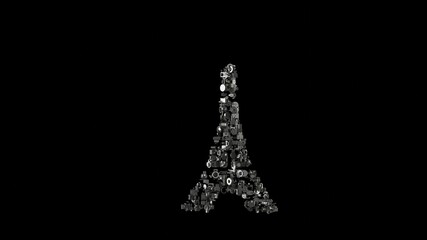 3d rendering mechanical parts in shape of symbol of Eiffel tower isolated on black background