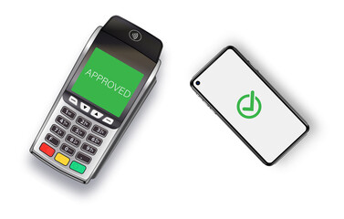 Contactless payment for goods. Payment for purchases with a mobile phone. Payment terminal and smartphone. E-commerce and business.