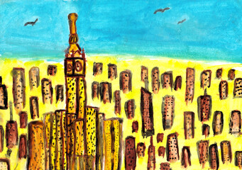 Watercolor like kids hand drawn vivid city building background banner. Skyscrapers, urban landscape town. Blue sky and yellow cityscape painting style. Like Big Ben clock tower.