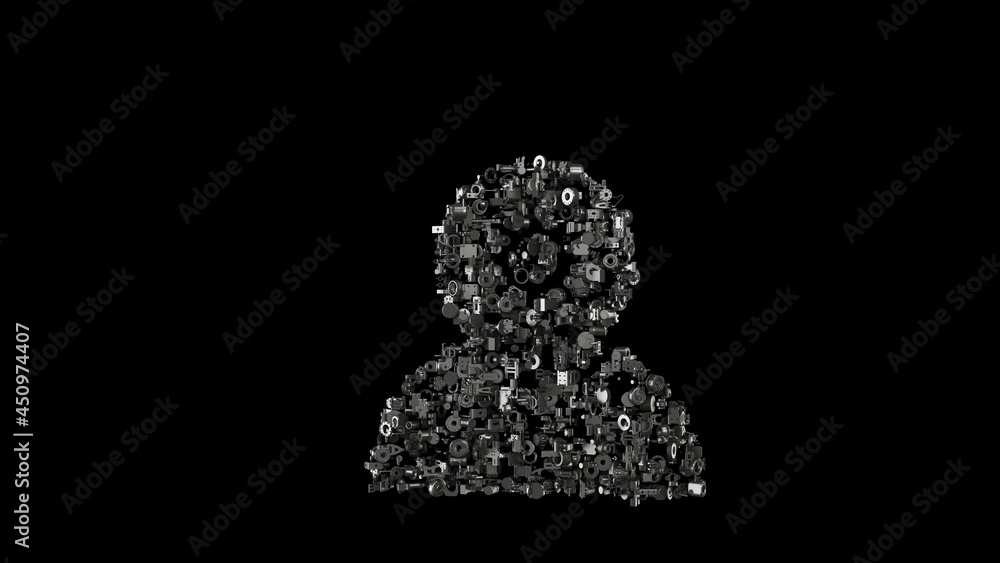 Poster 3d rendering mechanical parts in shape of symbol of employee isolated on black background