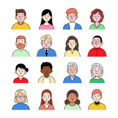 people portrait set of avatar office workers, cheerful people, hand-drawn icon style, character design, vector illustration.