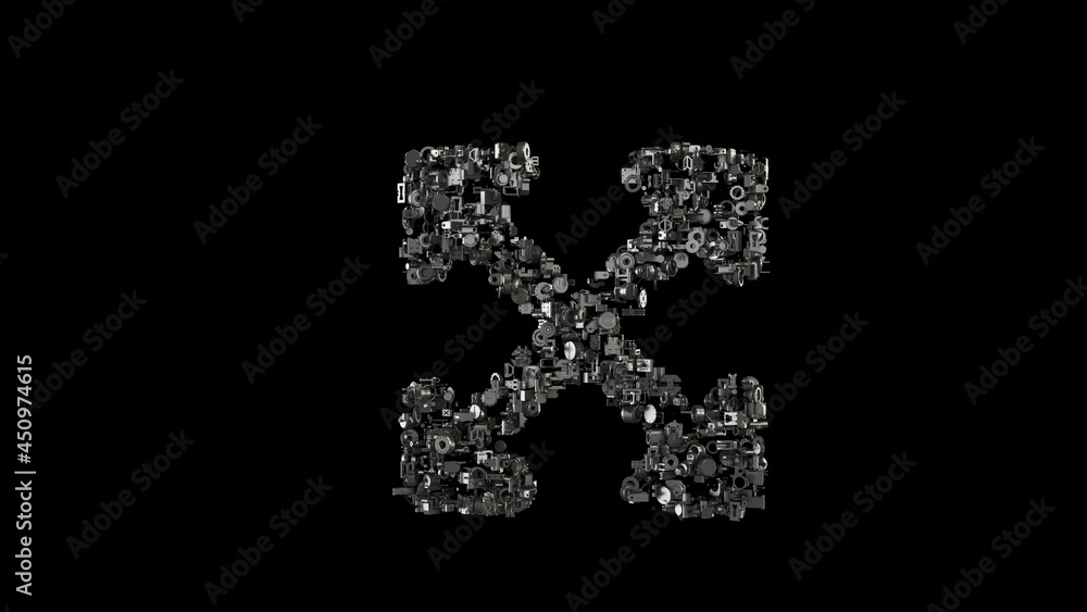 Poster 3d rendering mechanical parts in shape of symbol of expand arrows isolated on black background