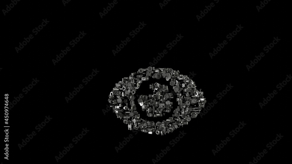 Poster 3d rendering mechanical parts in shape of symbol of eye isolated on black background