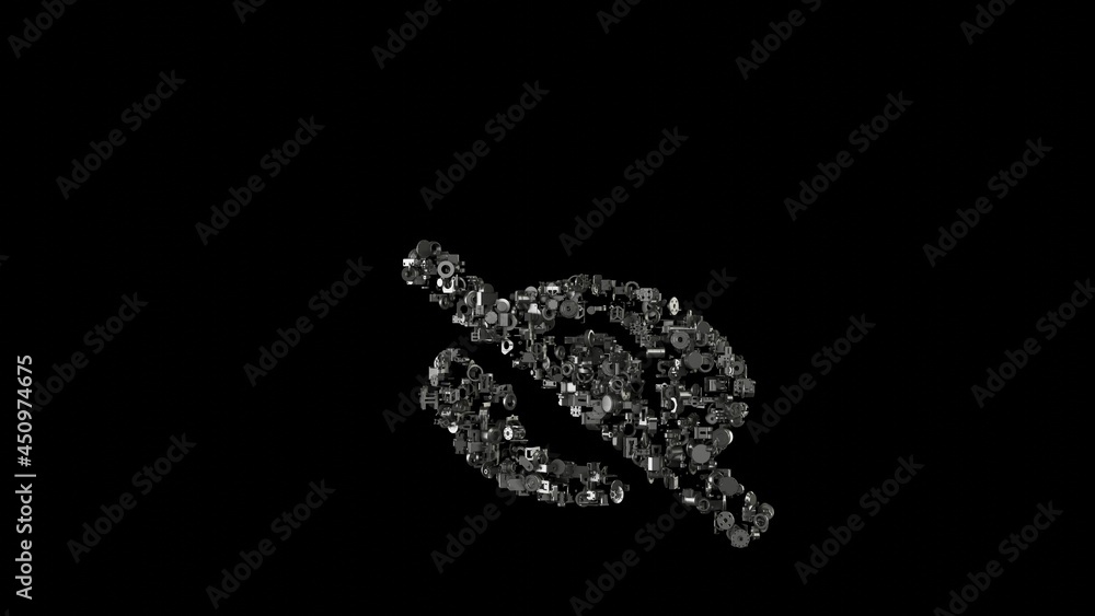 Poster 3d rendering mechanical parts in shape of symbol of eye slash isolated on black background
