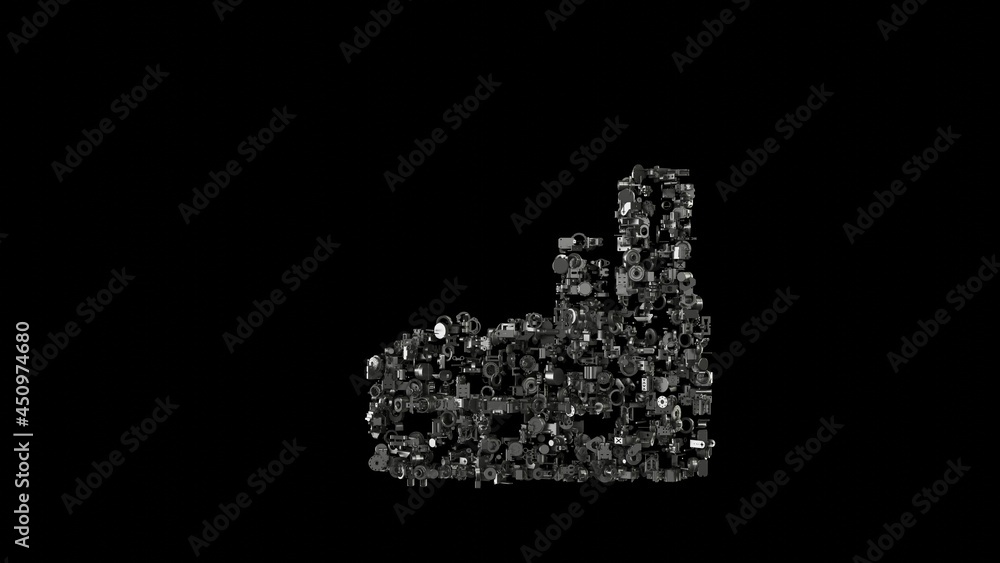 Poster 3d rendering mechanical parts in shape of symbol of factory isolated on black background