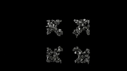 3d rendering mechanical parts in shape of symbol of expand isolated on black background