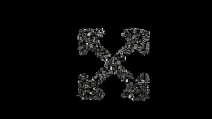3d rendering mechanical parts in shape of symbol of expand arrows isolated on black background