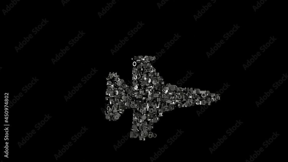 Poster 3d rendering mechanical parts in shape of symbol of fighter jet isolated on black background