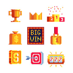 Fototapeta premium Pixel art icons set. Big Win, winning gold cup, money bag, winners podium. Golden crown, medal and coin. 777 slot machine. Casino vegas game. Flat style. Isolated abstract vector illustration. 8-bit.