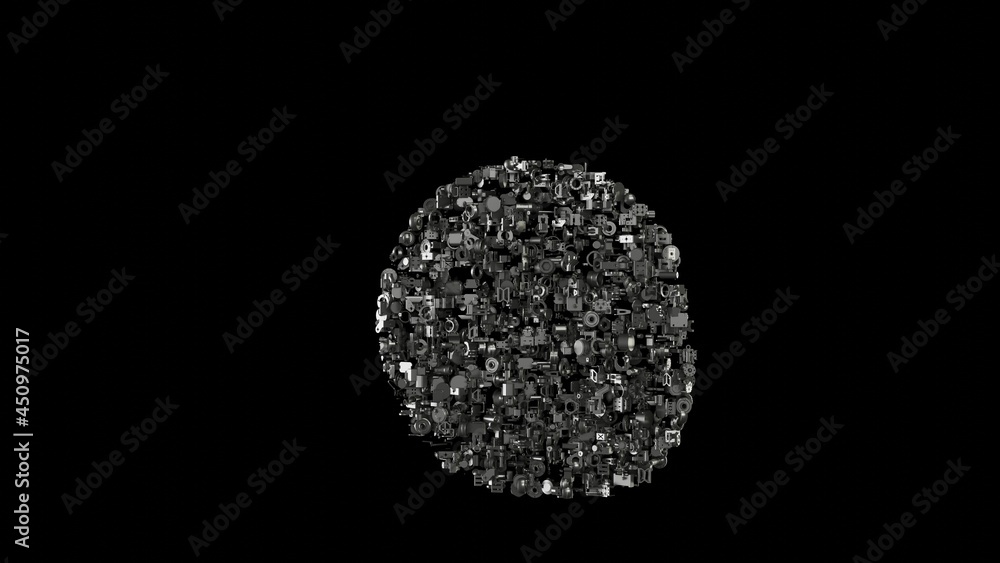 Poster 3d rendering mechanical parts in shape of symbol of fingerprint09 isolated on black background