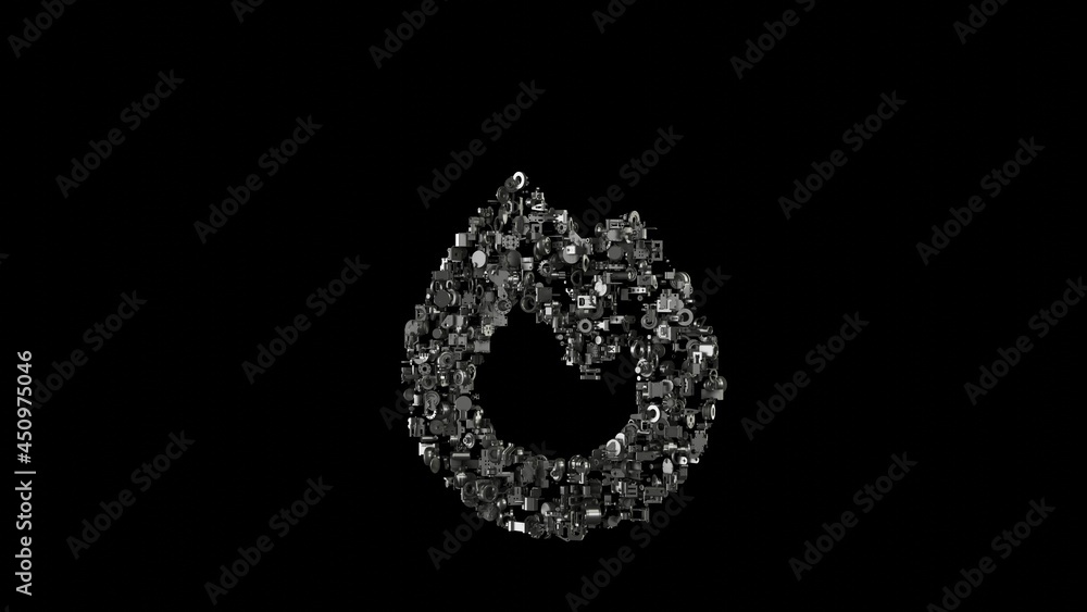 Poster 3d rendering mechanical parts in shape of symbol of fire isolated on black background