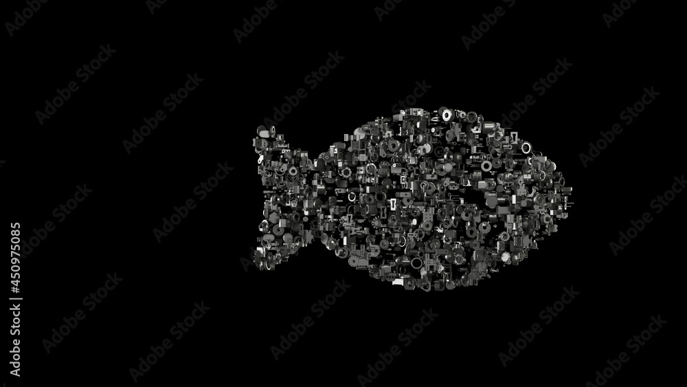 Poster 3d rendering mechanical parts in shape of symbol of fish isolated on black background