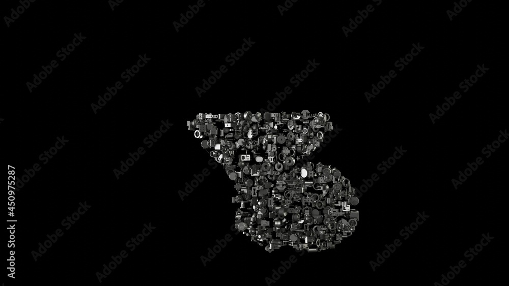 Poster 3d rendering mechanical parts in shape of symbol of funnel dollar isolated on black background