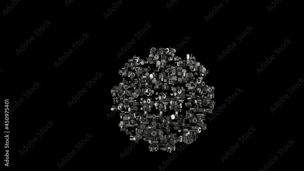 Poster 3d rendering mechanical parts in shape of symbol of gear isolated on black background