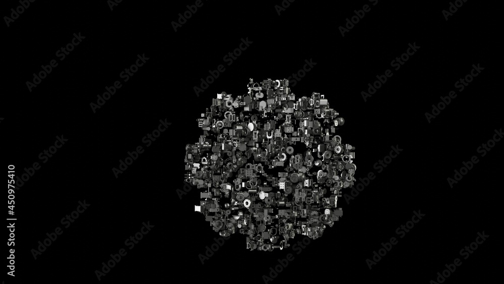 Poster 3d rendering mechanical parts in shape of symbol of gear isolated on black background