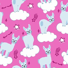 Alpaca llamas pattern on a pink background with clouds and stars. For printing on textiles, souvenirs and posters. Vector illustration.