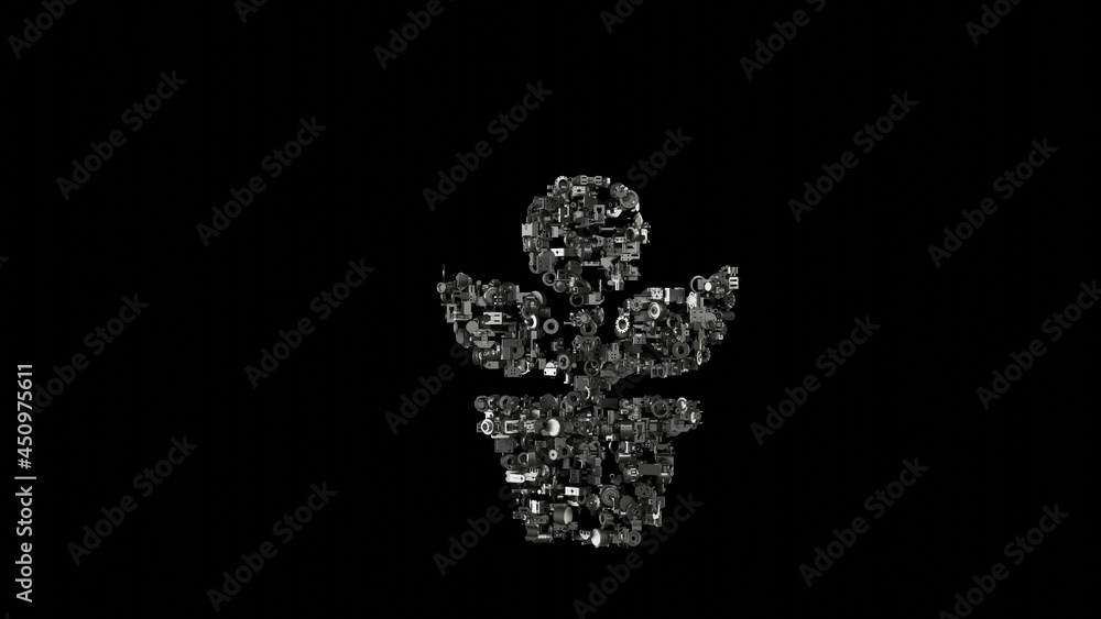 Poster 3d rendering mechanical parts in shape of symbol of growth isolated on black background