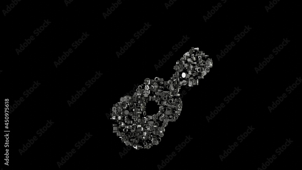 Poster 3d rendering mechanical parts in shape of symbol of guitar isolated on black background