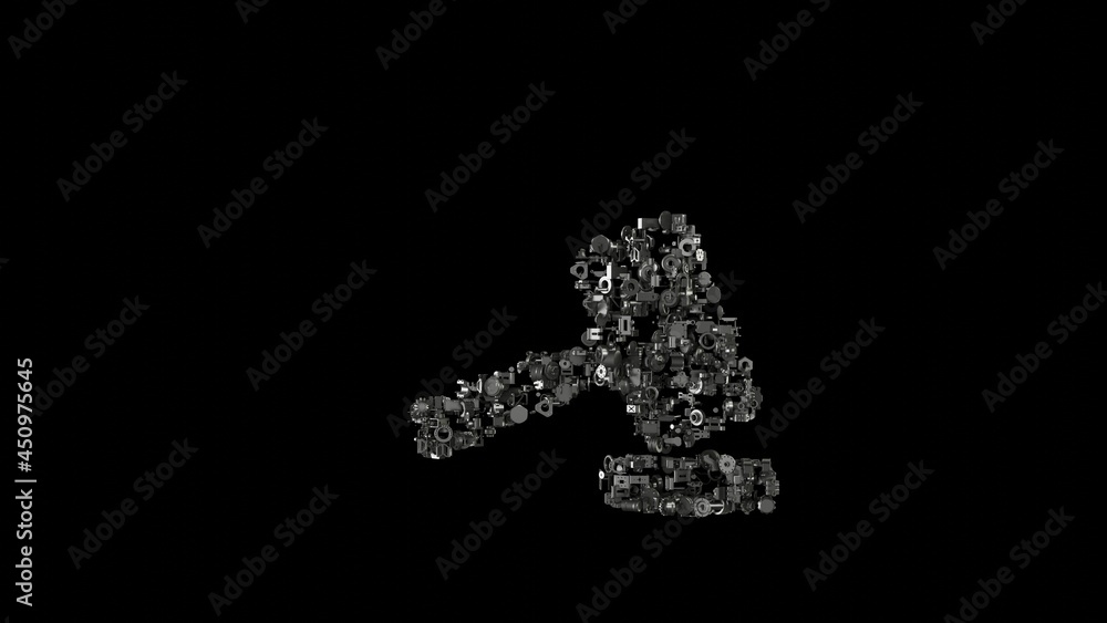 Poster 3d rendering mechanical parts in shape of symbol of hammer isolated on black background