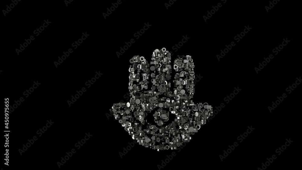 Poster 3d rendering mechanical parts in shape of symbol of hamsa isolated on black background