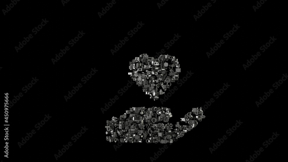 Poster 3d rendering mechanical parts in shape of symbol of hand holding heart isolated on black background