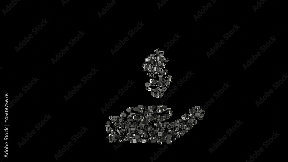 Poster 3d rendering mechanical parts in shape of symbol of hand holding usd isolated on black background