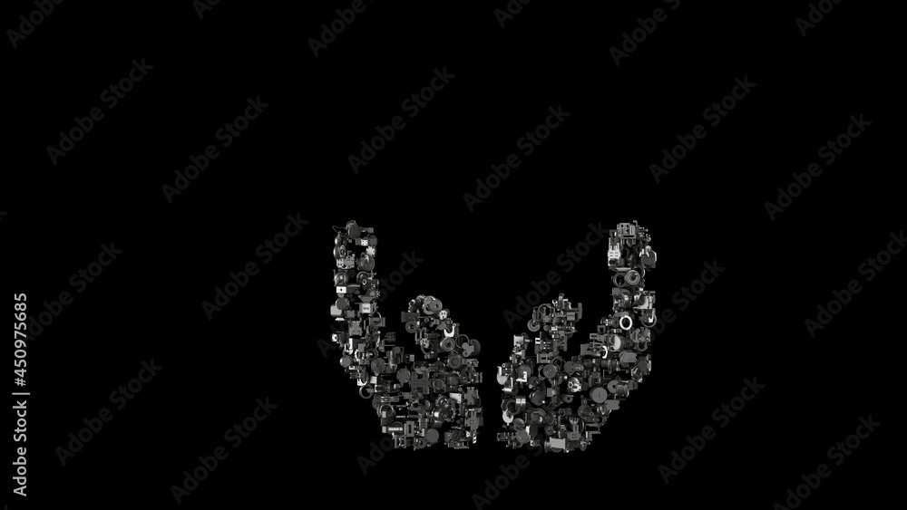Poster 3d rendering mechanical parts in shape of symbol of hands isolated on black background