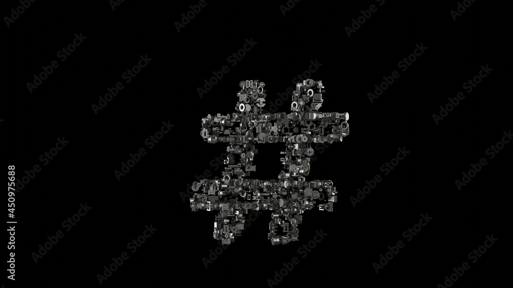 Poster 3d rendering mechanical parts in shape of symbol of hashtag isolated on black background