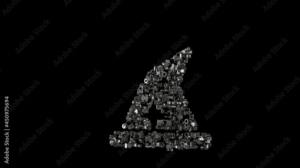 Poster 3d rendering mechanical parts in shape of symbol of hat wizard isolated on black background