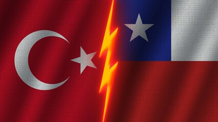 Obraz premium Chile and Turkey Flags Together, Wavy Fabric Texture Effect, Neon Glow Effect, Shining Thunder Icon, Crisis Concept, 3D Illustration