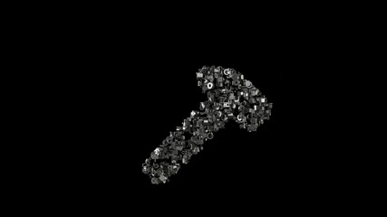 3d rendering mechanical parts in shape of symbol of hammer isolated on black background