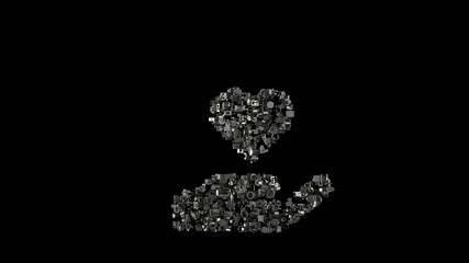 3d rendering mechanical parts in shape of symbol of hand holding heart isolated on black background