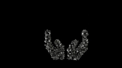 3d rendering mechanical parts in shape of symbol of hands isolated on black background