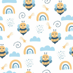 Seamless pattern with a cute bee. Rainbow, moon, clouds and stars.