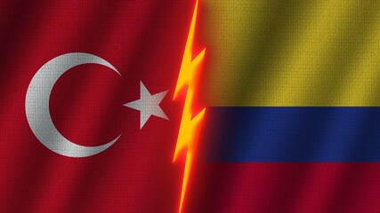 Colombia and Turkey Flags Together, Wavy Fabric Texture Effect, Neon Glow Effect, Shining Thunder Icon, Crisis Concept, 3D Illustration