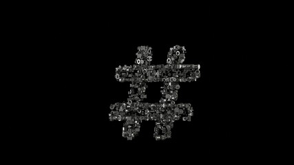 Obraz premium 3d rendering mechanical parts in shape of symbol of hashtag isolated on black background