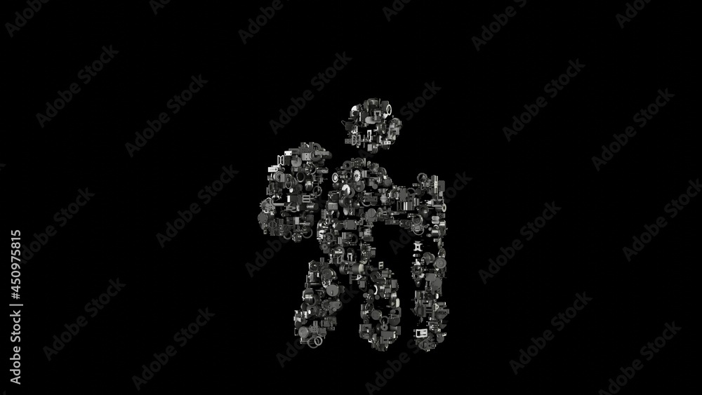 Poster 3d rendering mechanical parts in shape of symbol of hiking isolated on black background