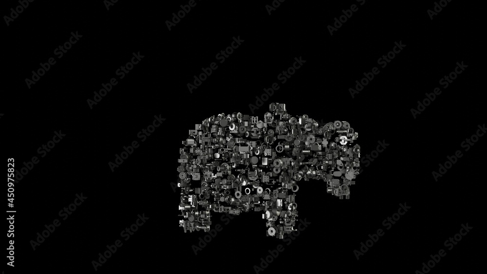 Poster 3d rendering mechanical parts in shape of symbol of hippo isolated on black background