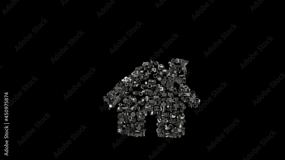 Poster 3d rendering mechanical parts in shape of symbol of home isolated on black background