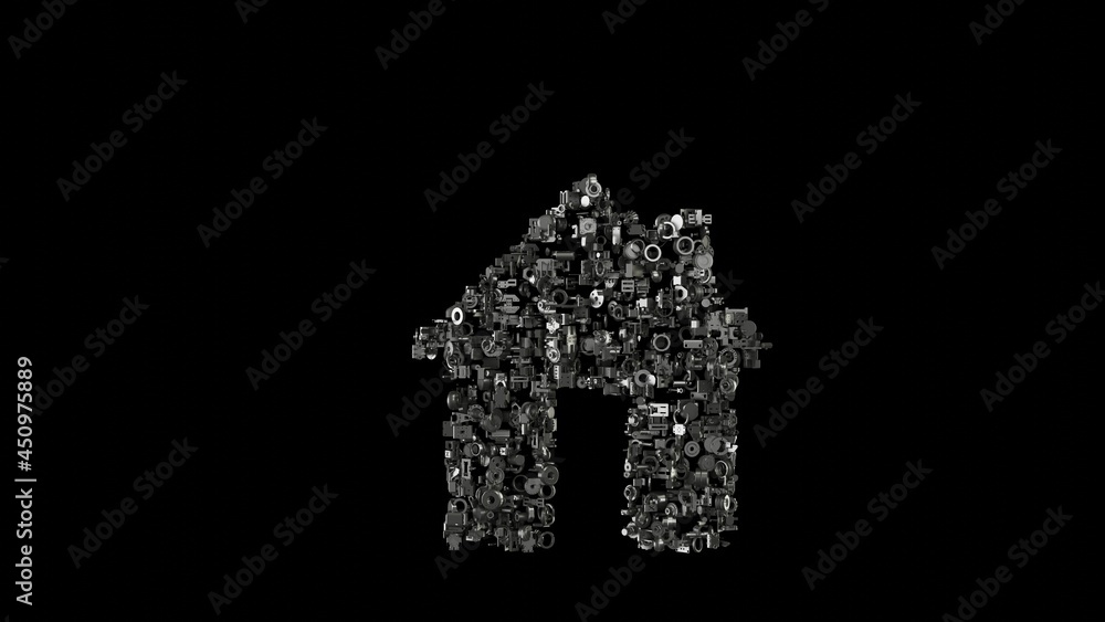 Poster 3d rendering mechanical parts in shape of symbol of home isolated on black background