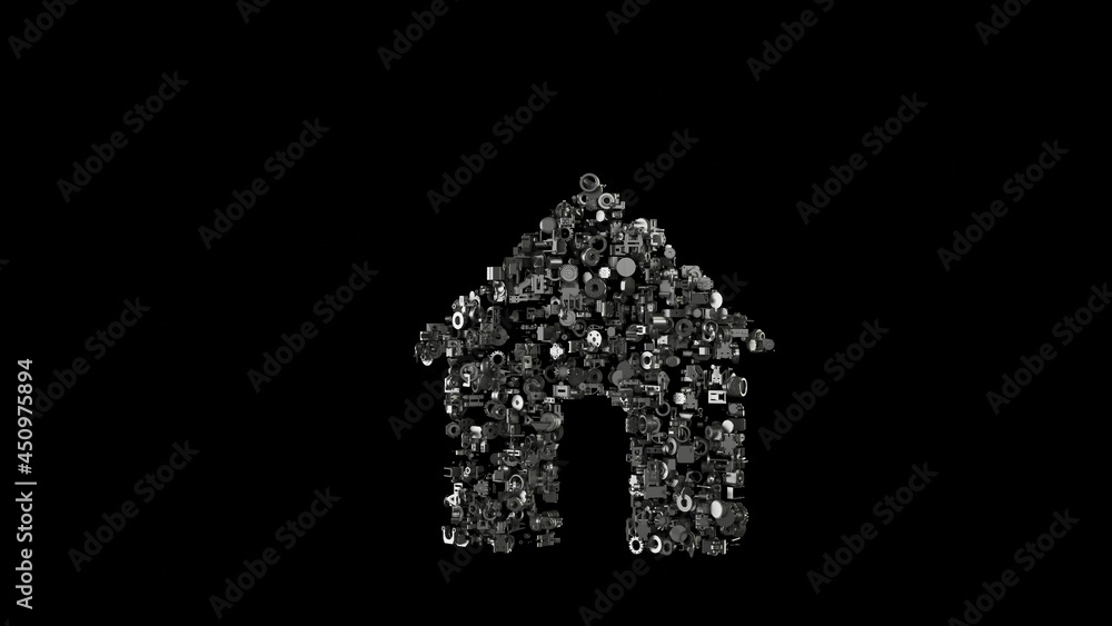 Poster 3d rendering mechanical parts in shape of symbol of home isolated on black background