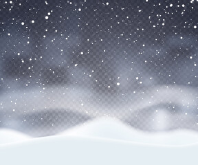 Realistic winter snowy landscape on the transparent background Vector
