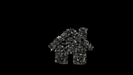 3d rendering mechanical parts in shape of symbol of home isolated on black background