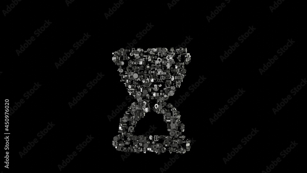 Poster 3d rendering mechanical parts in shape of symbol of hourglass start isolated on black background