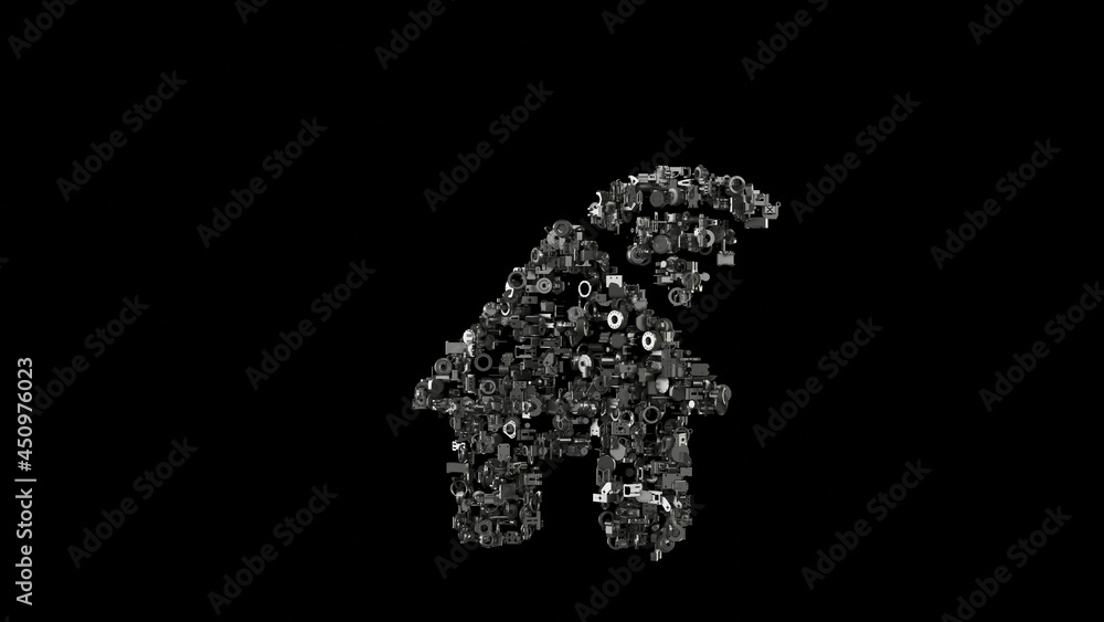 Poster 3d rendering mechanical parts in shape of symbol of house wi-fi isolated on black background