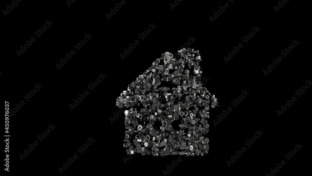 Poster 3d rendering mechanical parts in shape of symbol of house isolated on black background