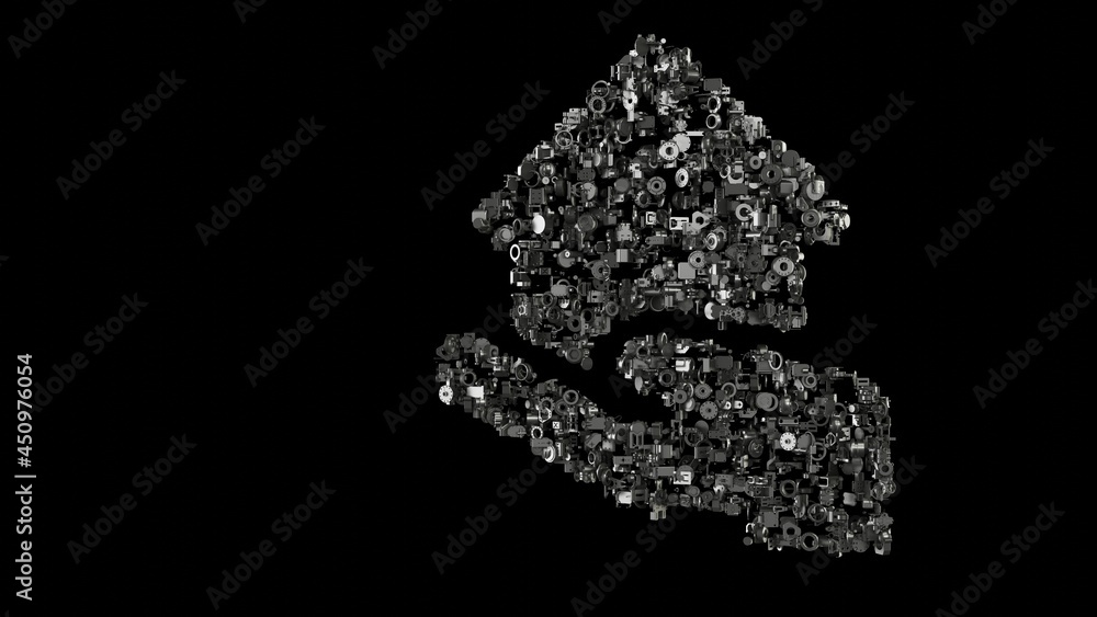 Poster 3d rendering mechanical parts in shape of symbol of house isolated on black background