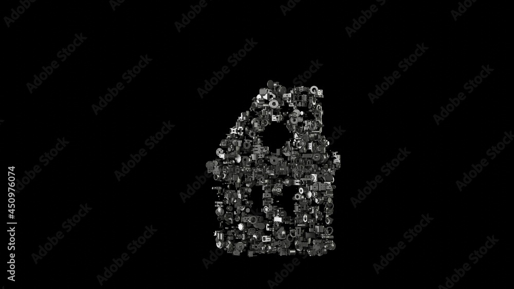 Poster 3d rendering mechanical parts in shape of symbol of house isolated on black background