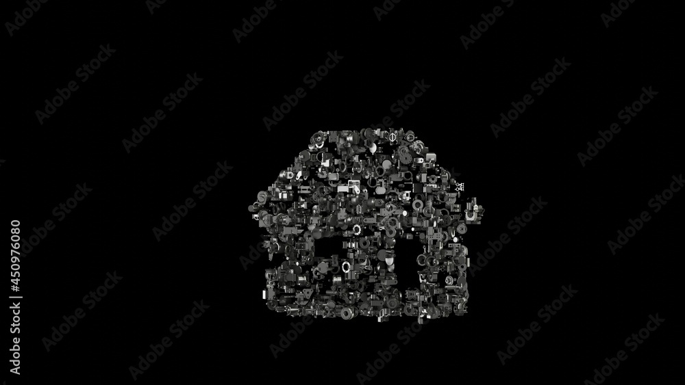 Poster 3d rendering mechanical parts in shape of symbol of house isolated on black background
