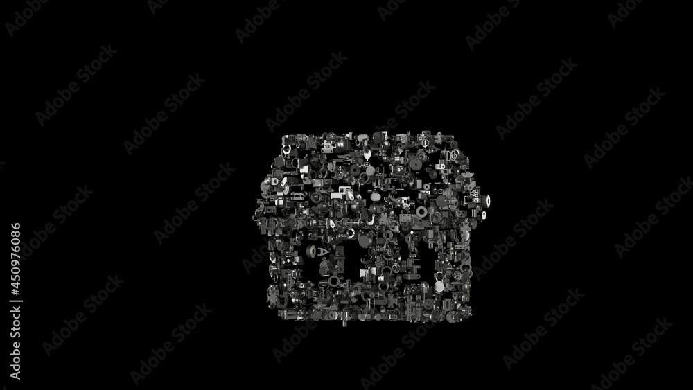 Poster 3d rendering mechanical parts in shape of symbol of house isolated on black background